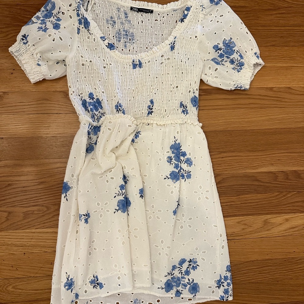 Zara White and Blue Floral Mini Dress